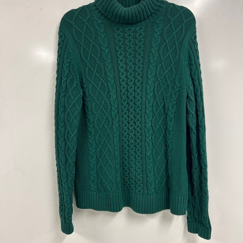 Land’s End Cable Knit Turtleneck Sweater Size M Green Chunky Cozy Classic Preppy